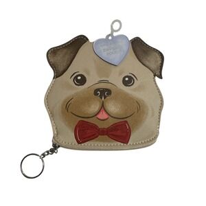 Molly & Rex Pug Dog Zippered Pouch Coin Purse Key Ring Tan Bow Tie NEW with FLAW